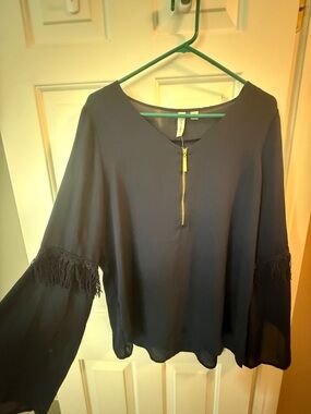 Tacera Navy Fringe-Sleeve Blouse with Gold Zip